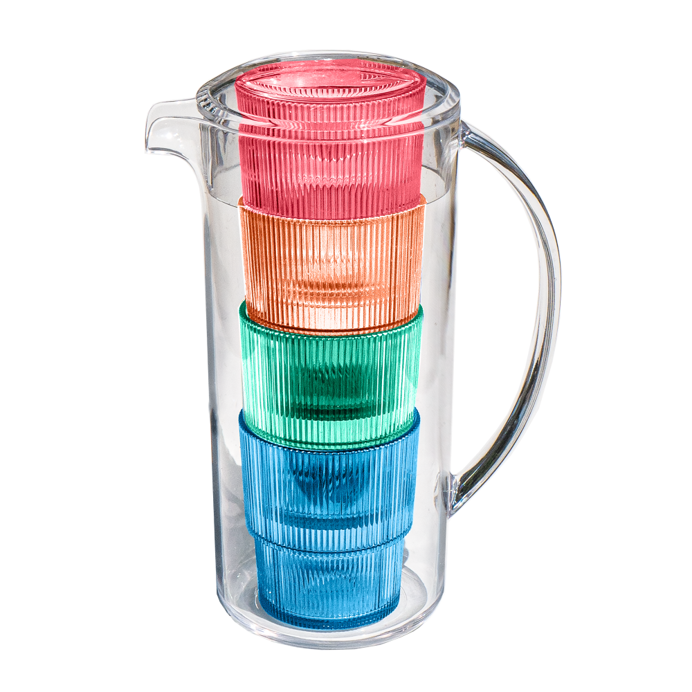 TarHong Pitcher & 4 Assorted Color Ribbed Stackable Acrylic Glasses Se ...